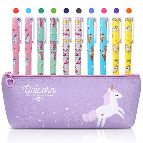 OFFCUP Einhorn Stifte Set, Unicorn Federmappe mit 10 Einhorn Gelstifte, Einhorn-Geschenke für Mädchen und Jungen, Einhorn Schreibwaren Set für Geschenk Geburtstag, Lila von OFFCUP