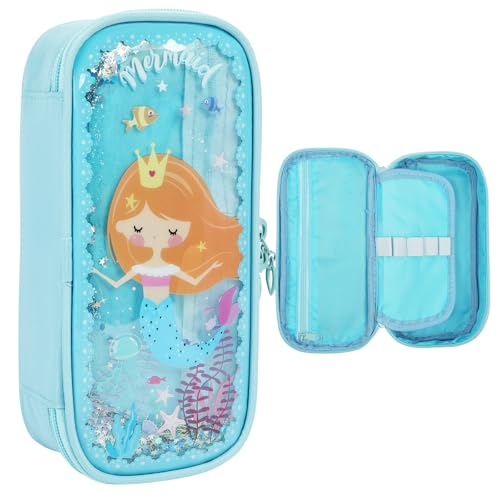 OFFCUP Federmäppchen mit 3 Fächer wasserdichte Mäppchen Etui Stifte mit Quicksand für Schule Büro Große Kapazität Pencil Case Reißverschluss für Kinder Teenager Mädchen Erwachsene -Meerjungfrau von OFFCUP