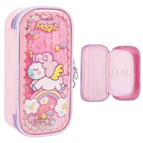 OFFCUP Federmäppchen mit 3 Fächer wasserdichte Mäppchen Etui Stifte mit Quicksand für Schule Büro Große Kapazität Pencil Case Reißverschluss für Kinder Teenager Mädchen Erwachsene -Einhorn von OFFCUP