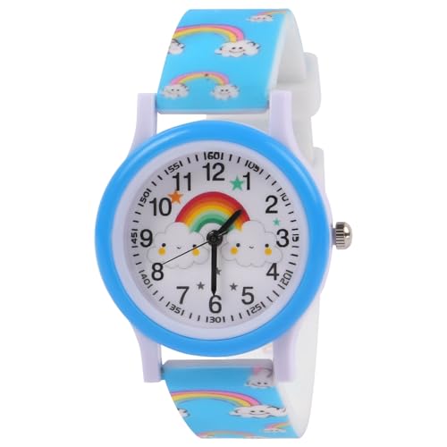 OFFCUP Kinderuhr, Kinder Uhren Analog, 3D Cartoon Lernuhr Quarzwerk, Silikon Uhrenarmband, 3 Jahre bis 11 Jahre, Armbanduhr Mädchen Junge Kinder analoge Quarzuhr -Himmelblauer Regenbogen von OFFCUP