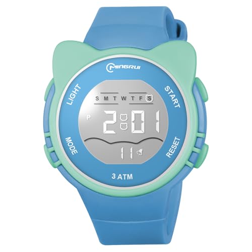 OFFCUP Digital Uhren für Kinder, Wasserdicht Kinderuhr Digital, Kinder Silikon Armbanduhr mit Katzenmotiv Sports Outdoor Digitaluhr mit Wecker Datum Stoppuhr Led Lichter Uhr -Blau von OFFCUP