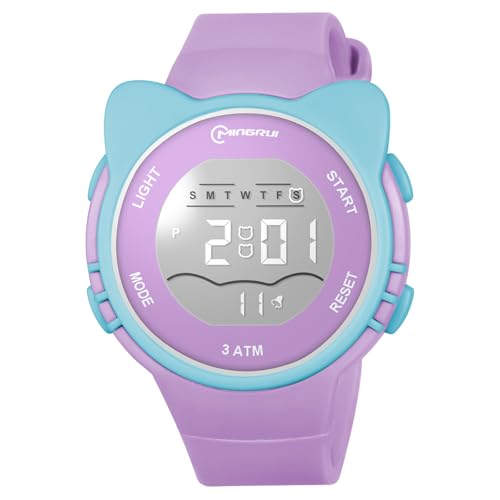OFFCUP Digital Uhren für Kinder, Wasserdicht Kinderuhr Digital, Kinder Silikon Armbanduhr mit Katzenmotiv Sports Outdoor Digitaluhr mit Wecker Datum Stoppuhr Led Lichter Uhr -Lila von OFFCUP