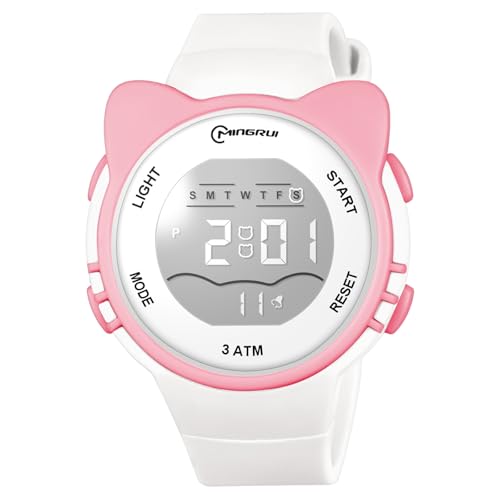 OFFCUP Digital Uhren für Kinder, Wasserdicht Kinderuhr Digital, Kinder Silikon Armbanduhr mit Katzenmotiv Sports Outdoor Digitaluhr mit Wecker Datum Stoppuhr Led Lichter Uhr -Weiß von OFFCUP