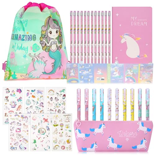 OFFCUP Schreibwaren Geschenk Set, Stifte Set, 1 Meerjungfrauentasche, 6 Aufkleber, 1 Briefpapier-Federmäppchen, 1 N-facher Aufkleber, 12 Bleistift, 10 Gelstifte, 1 Buch von OFFCUP