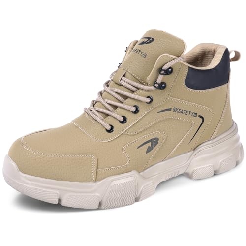 OFFCUP Sicherheitsschuhe Herren Damen, Wasserdicht Stahlkappe Arbeitsschuhe, Schnittschutzstiefel, rutschfeste Leicht Knöchelhoch Leder Sicherheitsschuhe Khaki Größe 42 von OFFCUP