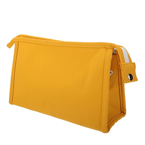 OFFIGAM 1 Stück Kosmetiktasche für Damen Tragbare PU Make Up Aufbewahrungstasche Gelb für Reisen mit Zipper Verschluss Handheld Design und Praktischem Dreiecksdesign zur Einfachen von OFFIGAM