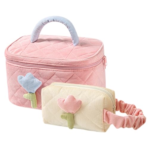 OFFIGAM 2 Stück Große Gesteppte Kosmetiktasche aus Hochwertigem Cordstoff in Rosa und Creme Geräumig und Tragbar als Make up Organizer und Reise kulturbeutel für Damen und von OFFIGAM