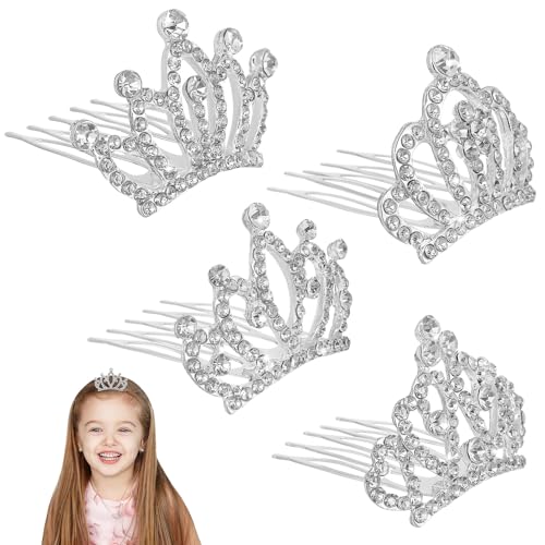 OFFIGAM 4 Stück Teiliges Prinzessin Krone Haarkamm Silber mit Strass Tiara für Mädchen Kinderfest Performance Geburtstag Party Fotoshooting Haaraccessoires von OFFIGAM