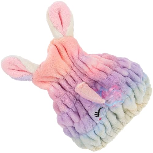 OFFIGAM Einhorn-haarhandtuch Mit Knopf Wiederverwendbare Duschhaube Aus Polyester-korallenfleece Saugfähige Haartrocknungshaube Für Nasses Haar von OFFIGAM