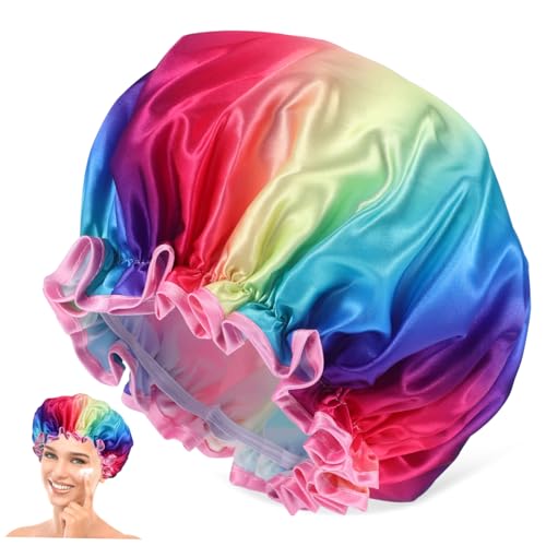 OFFIGAM Wiederverwendbare Duschhaube für Damen und Herren Wasserdichte Haarabdeckung mit Regenbogen Design Elastisch und Angenehm zu Tragen für Reisen und Fitnessstudio von OFFIGAM