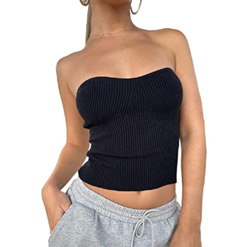 OFFILICIOUS Damen Sommer trägerlos schulterfrei Skinny Bandeau Tube Top rückenfrei gerippt Strick Sweetheart-Ausschnitt Crop Top Weste Shirts gerippte Bandeau-Tops für Frauen von OFFILICIOUS