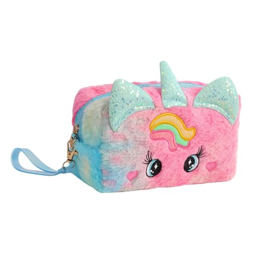 OFFSCH Plüsch Kosmetiktasche Einhorn Leicht Tragbar Make Up Tasche Damen Reise Kulturbeutel Multifunktional für Toilettenartikel und Stifte Blau von OFFSCH