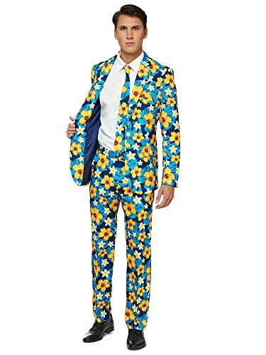 OFFSTREAM Faschingskostüme für Herren - Mit Jackett, Hose und Krawatte mit Festlichen Print, XXL, Tropical Flower Blue von OFFSTREAM