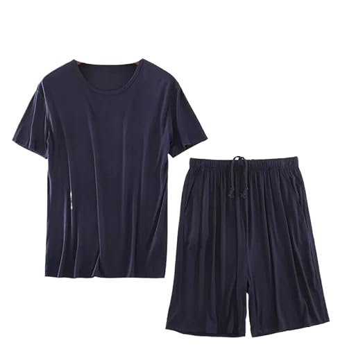 OFFSUM Pyjama Set Für Herren - Sommer-Nachtwäsche Mit Kurzen Ärmeln Zweiteilig Lässig Rundhalsausschnitt Einfarbig Große Größe Baumwolle Weich Atmungsaktiv Loungewear Blau 5XL von OFFSUM