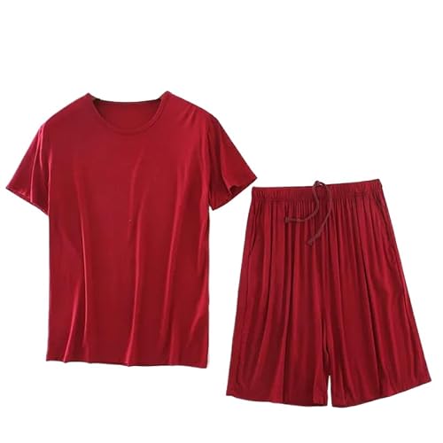 OFFSUM Pyjama Set Für Herren - Sommer-Nachtwäsche Mit Kurzen Ärmeln Zweiteilig Lockerer Rundhalsausschnitt Einfarbig Große Größe Baumwolle Weich Atmungsaktiv Loungewear Rot 8XL von OFFSUM