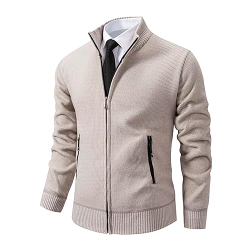 Strickjacke Für Herren - Strickjacke Mit Reißverschluss Vorne Wintermantel Lässig Umlegekragen Fleece Modisch Einfarbig Mit Taschen Oberbekleidung Beige M von OFFSUM