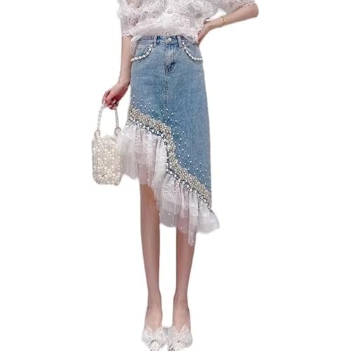 Stretch Jeansrock Für Damen - Spitzen-Patchwork-Rock Süß Unregelmäßig Perlenbesetzt Sommer Figurbetont Knielang Hohe Taille Mit Tasche A-Linie Streetwear Blau 3XL von OFFSUM