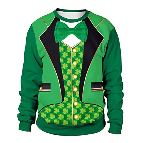 OFIMAN Herren Saint Patrick Kostüm Leprechaun Lustige grüne Kleeblatt St. Patrick's Day Sweatshirts für Unisex Erwachsene 3D Neuheit Pullover Rundhalsausschnitt Fliege, Grüner Kleeblatt, M von OFIMAN