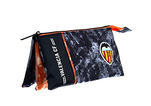 OFITURIA Federmäppchen, 3 Taschen, einfacher Reißverschluss, rechteckig, Maße: 23 x 11 x 5 cm, Schwarz, Federmäppchen mit 3 Taschen, Estuche 3 Bolsillos - Valencia CF, Federmäppchen für die Schule von OFITURIA