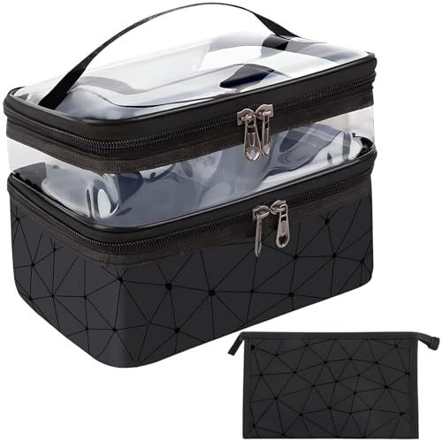 OFKPO Make-up-Tasche, groß + klein, Gitter-Design, Kosmetiktasche mit Reißverschluss, für Damen und Mädchen, Schwarz, 2 Stück von OFKPO