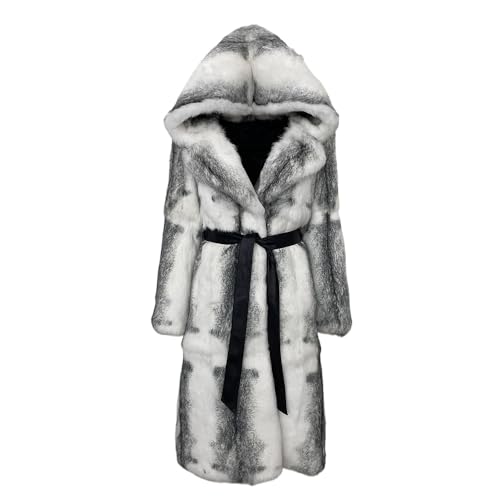 OFTBUY 2024 Echtes Kaninchenfell Naturpelz Mantel Frauen Winter Mode Warm mit Kapuze Frauen Pelz Jacke Designer Kalte Oberbekleidung (L,Ledergürtel) von OFTBUY