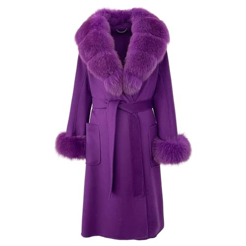 OFTBUY 2024 Winter neue 100% Wolle Wasser Ripple Wollmantel mit abnehmbaren natürlichen Fuchs Pelz Kragen Frauen lose lässige Jacke (S,tiefes Violett) von OFTBUY