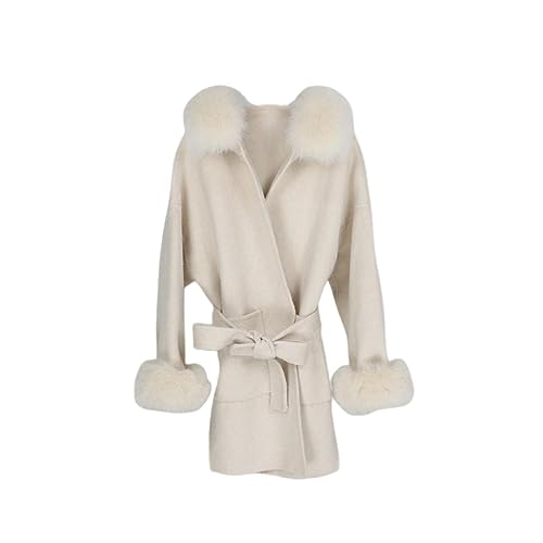 OFTBUY Oversize Lose Kaschmir Wolle Mischungen Echt Pelzmantel Winter Jacke Frauen Natürlichen Fuchs Pelz Kragen Kapuze Oberbekleidung Gürtel von OFTBUY