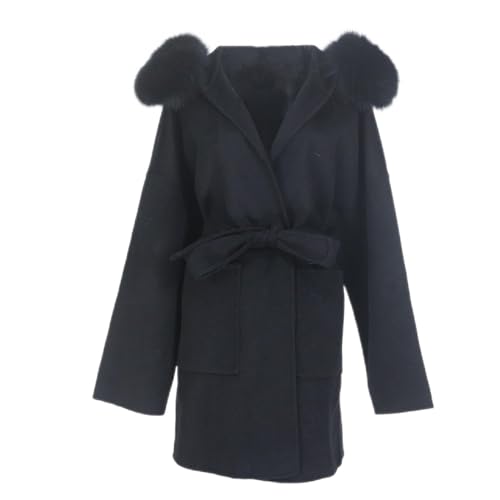 OFTBUY Oversize Lose Kaschmir Wolle Mischungen Echt Pelzmantel Winter Jacke Frauen Natürlichen Fuchs Pelz Kragen Kapuze Oberbekleidung Gürtel von OFTBUY