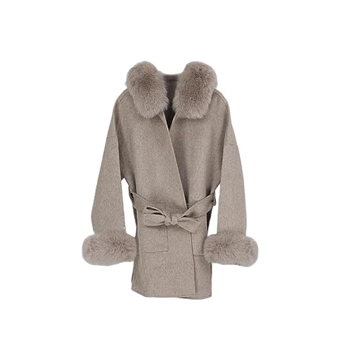OFTBUY Oversize Lose Kaschmir Wolle Mischungen Echt Pelzmantel Winter Jacke Frauen Natürlichen Fuchs Pelz Kragen Kapuze Oberbekleidung Gürtel von OFTBUY