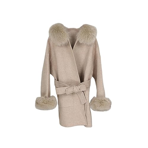 OFTBUY Oversize Lose Kaschmir Wolle Mischungen Echt Pelzmantel Winter Jacke Frauen Natürlichen Fuchs Pelz Kragen Kapuze Oberbekleidung Gürtel von OFTBUY