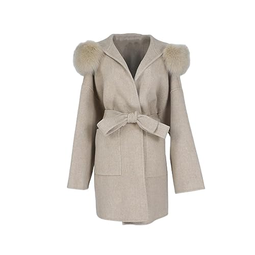 OFTBUY Oversize Lose Kaschmir Wolle Mischungen Echt Pelzmantel Winter Jacke Frauen Natürlichen Fuchs Pelz Kragen Kapuze Oberbekleidung Gürtel von OFTBUY