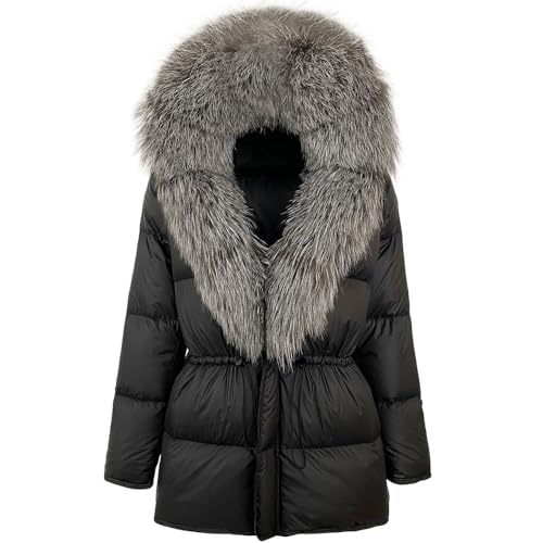 OFTBUY Winter Frauen Daunenjacke echte natürliche Fuchs Pelz Kragen mit Kapuze Daunenmantel dicke warme mittellange Gürtel lässig Overwear (S,8) von OFTBUY