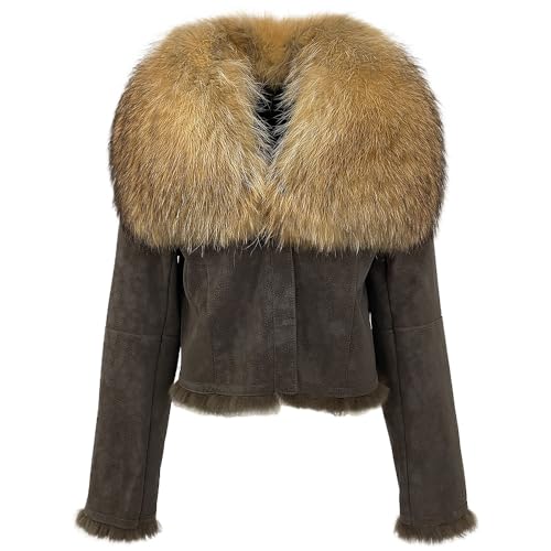 OFTBUY Winter Frauen Mantel Echtes Waschbärfell Kurze Lederjacke Lässig Motorrad Stil Natürlich Elegant Dick Warm Top (XL,grau-natur) von OFTBUY