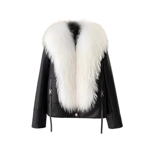 OFTBUY Winter Frauen Mantel Kurz Echt Fuchs Pelz Kragen Lässig Echt Leder Jacke Natürlich Dame Dick Warm Elegant (L,SCHWARZ) von OFTBUY
