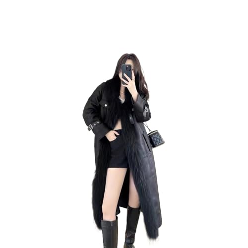 OFTBUY Winter Frauen Mantel echte natürliche Waschbär Pelz Kragen echtes Leder lange Stil warm dicke Dame Jacke lässig (Einheitsgröße,schwarz) von OFTBUY