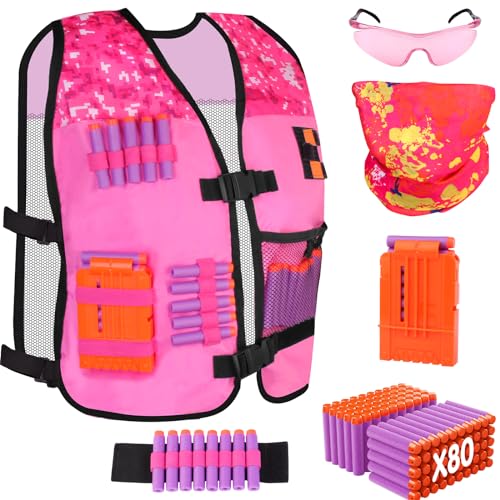 OFUN Kids Tactical Vest Kit für Mädchen mit Tactical Bandana Maske, Reload Clip, Schutzbrille, Handgelenkband und 80 Refill Darts, Pink von OFUN