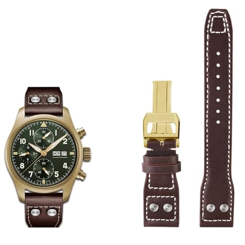 OFWAX 20 21 22mm Echtleder Nieten Armband Passend für IWC Big Pilot Spitfire Braun Schwarz Blau Rindsleder Uhrenarmband(Brown gold buckle,20mm) von OFWAX