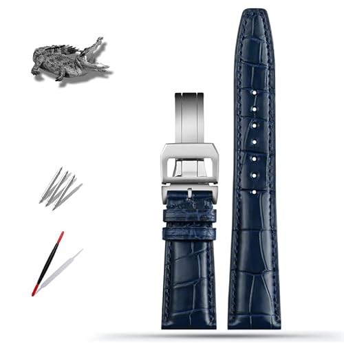 OFWAX 20mm 21mm 22mm Krokodilleder Uhrenarmband Ersatz für IWC Portugieser Porotfino Familie PILOT'S Uhren Armband Faltschließe(Blue silver buckle,21mm) von OFWAX