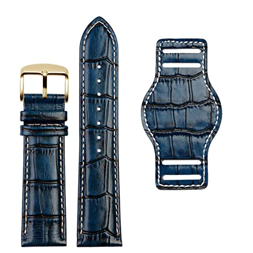 OFWAX Echtes Leder Uhrengurt 20mm 22 mm Herren Uhrband mit Mattenhandwerken Band handgefertigtes Lederarmband(Blue gold pin,22mm) von OFWAX