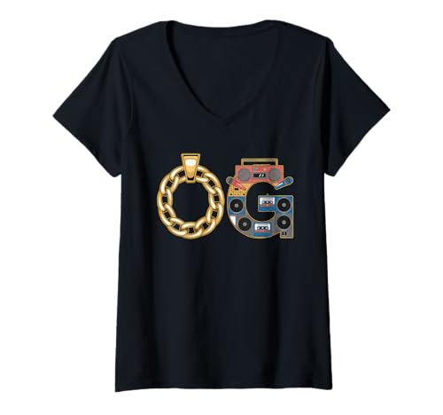 Damen Old School OG Tshirt Hip Hop Vinyl Retro Vintage 80er 90er T-Shirt mit V-Ausschnitt von OG TShirt Vintage Hip Hop Old School Graffiti