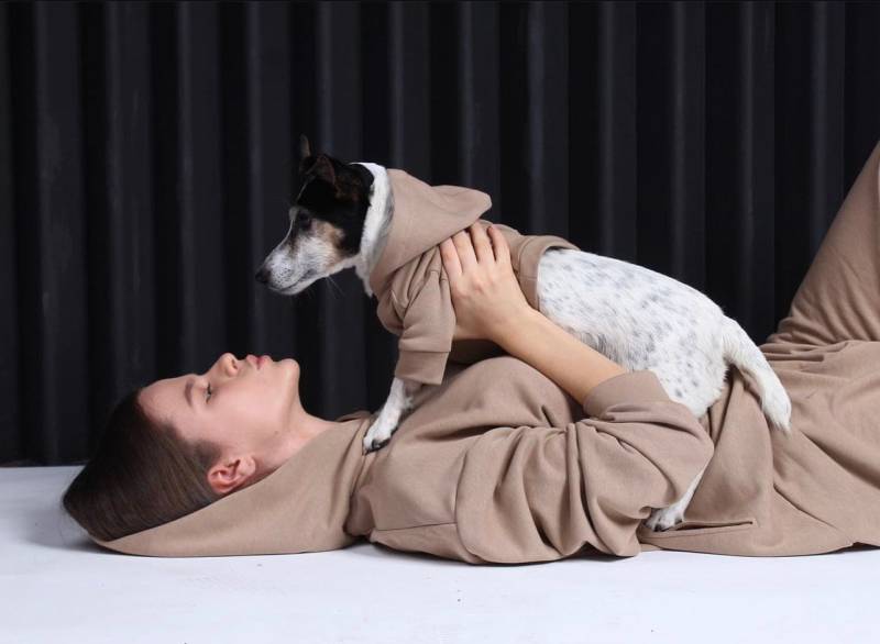 Dreier Set, Sweatsuit Set Hose, & Passender Hunde Hoodie, Handarbeit, Lokal, Hochwertig, Oversize, Gemütliches Beige Hoodie von OGANESYANARTOFFICIAL