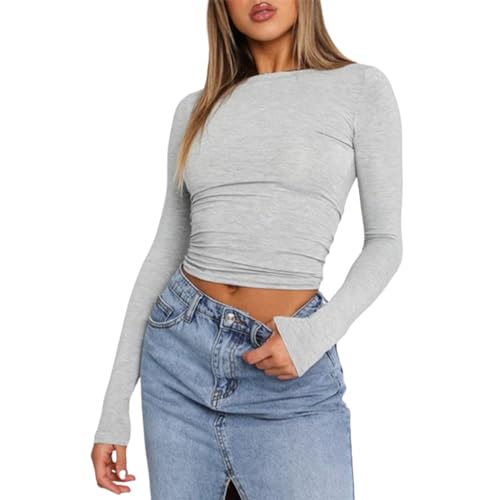 OGBK Langarmshirt Damen Basic Tshirt Rundhals Skims Slim Fit Y2K Oberteile Crop Tops Casual Streetwear(Hellgrau-B,L) von OGBK