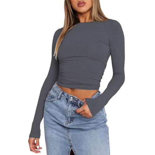 OGBK Langarmshirt Damen Basic t Shirt Rundhals Skims Slim Fit Y2K Oberteile Crop Tops Casual Streetwear(Grau-B,L) von OGBK