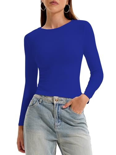 OGBK Langarmshirt Damen Basic t Shirt Rundhals Skims Slim Fit Y2K Oberteile Crop Tops Casual Streetwear(Saphir Blau-B,M) von OGBK