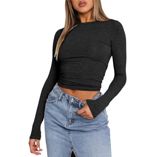 OGBK Langarmshirt Damen Basic t Shirt Rundhals Skims Slim Fit Y2K Oberteile Crop Tops Casual Streetwear(Schwarz-B,S) von OGBK