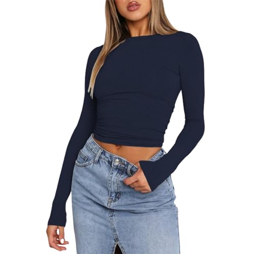 OGBK Langarmshirt Damen Basic t Shirt Rundhals Skims Slim Fit Y2K Oberteile Crop Tops Casual Streetwear(Tibetisch Blau-B,L) von OGBK