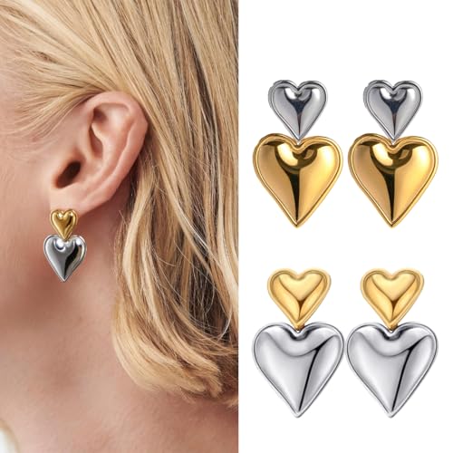 2 Paare Elegante Herz Ohrringe in Gold und Silber - Tropfen Ohrringe mit Doppelherz-Design - Creolen Gold & Silber - Perfektes Geschenk für Frauen von OGLYMRA