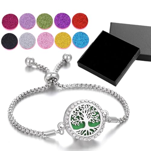 Aromatherapie Ätherisches Öl Diffusor Armband für Damen, Verstellbares Edelstahl Lebensbaum Armband Muttertag Geburtstag Freundschaft Schmuck Geschenk für Mädchen Frauen von 10 Nachfüllkissen von OGLYMRA