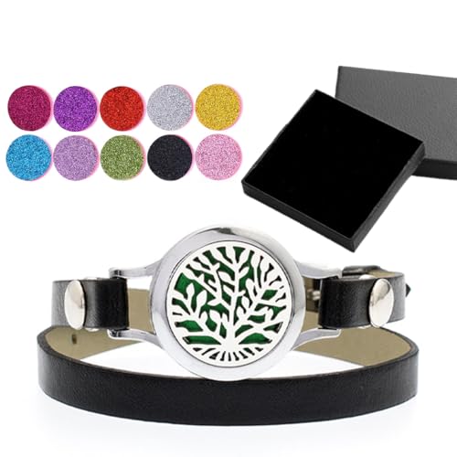 Lebensbaum Armband Damen,Aromatherapie Lederarmband Damen-Armband,Leder Armband Armreif Aroma Locket Diffuser Duftstofflocket mit Farbigen Filz-Pads ätherisches Öl Diffusor mit 10farbigen-Filzkreisen von OGLYMRA