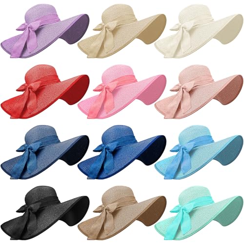 Stroh-Sonnenhüte für Damen, breite Krempe, Sommer-Sonnenhut für Damen, Schlenker, faltbar, große Schleife, Strohhhut, LSF 50+, Sommer-Strandkappe für Outdoor, Urlaub, Reisen, 12 Farben, 12 Stück Stroh-Sonnenhüte für Damen, breite Krempe, Sommer-Sonnenhut für Damen, Schlenker, faltbar, große Schleife, Strohhhut, LSF 50+, Sommer-Strandkappe für Outdoor, Urlaub, Reisen, 12 Farben, 12 Stück von OGMBI
